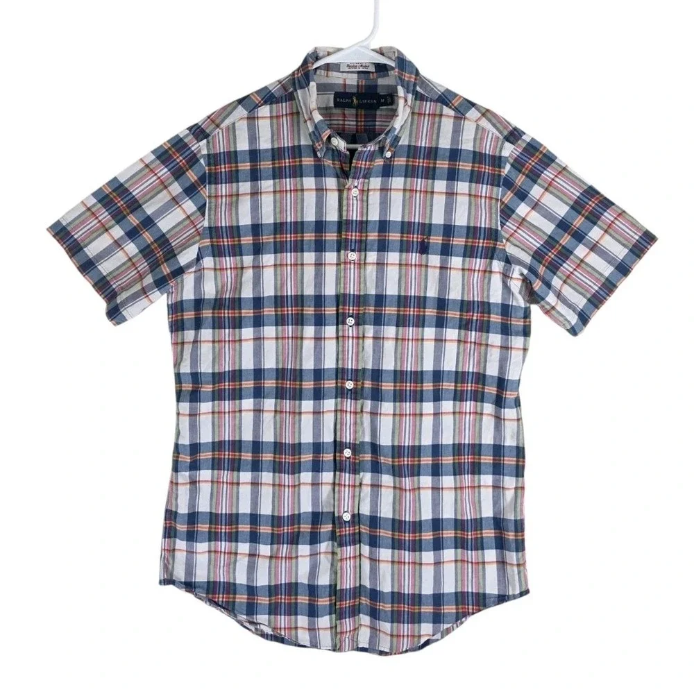 Ralph Lauren Bleeding Madras Shirt Mens M Blue White Plaid Button Down SS